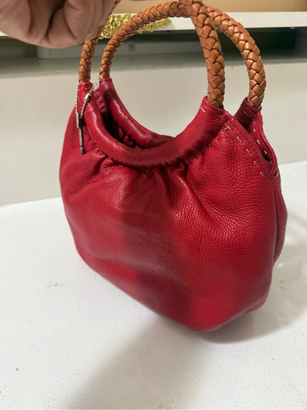 Fossil Red Leather Handbag with Braided Handles